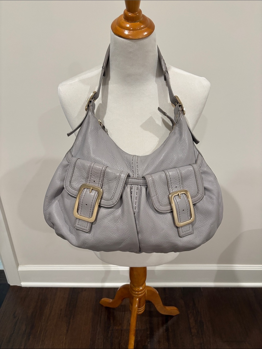 Cole Haan Light Gray Pebbled Leather Shoulder Hobo